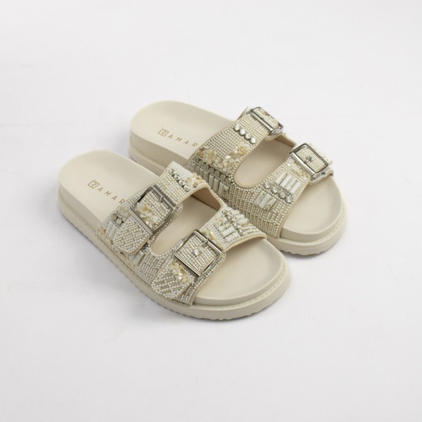 Sandália Papete Slide Estilo Birken com Bordado de Pedrarias Ramarim Feminino