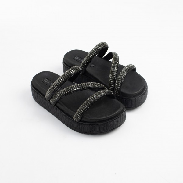Sandália Papete Flatform Forrada em Palha com Tiras de Cristais Ramarim Feminino