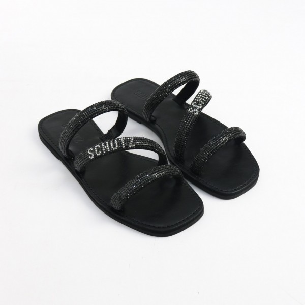 Chinelo Rasteira Flat Três Tiras Finas com Cristais e Logo Schutz Feminino