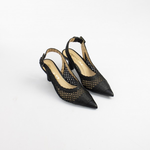 Sapato Slingback Bico Fino Tela Ráfia Bordada e Salto Médio Ferrucci Feminino
