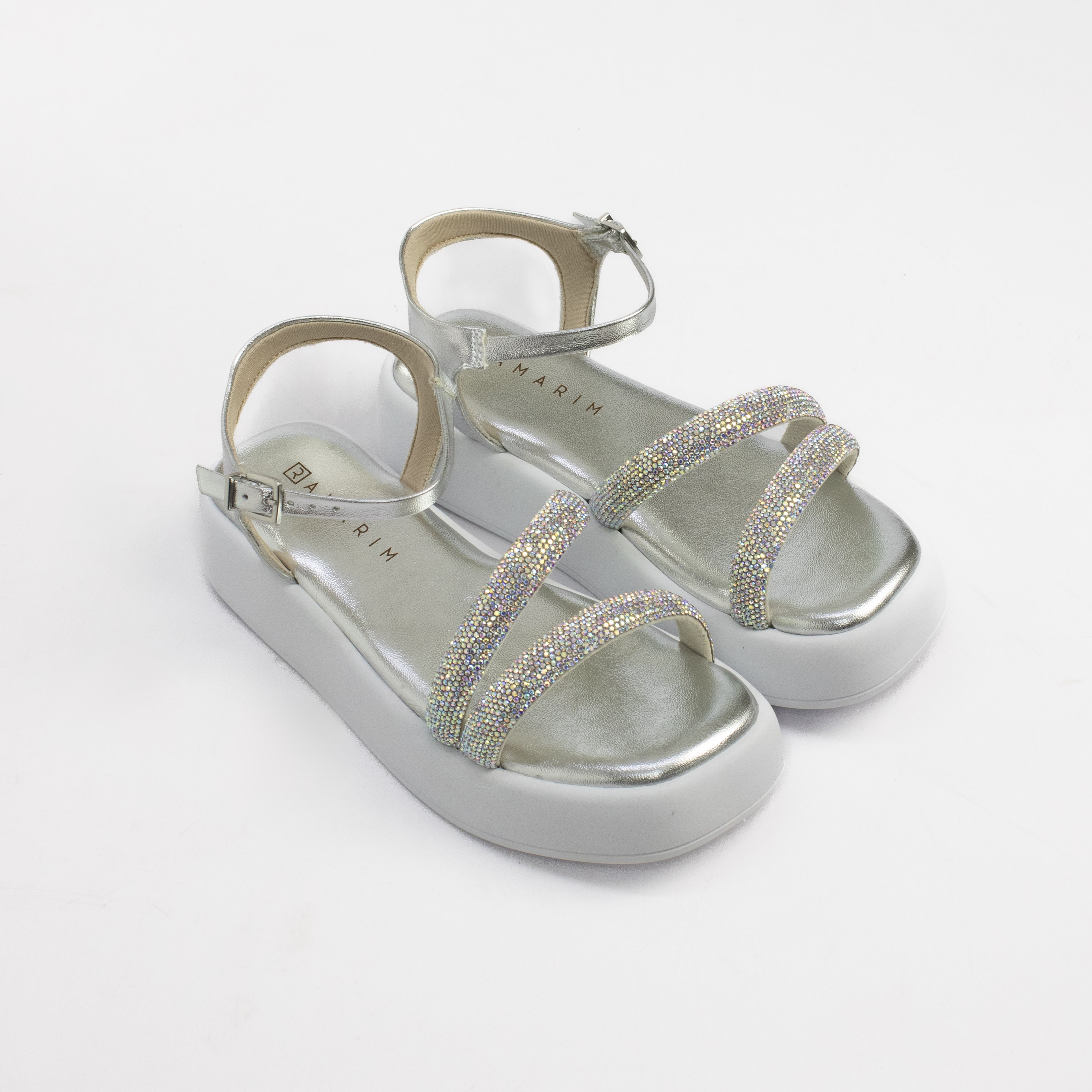 Sandália Flatform de Gáspea com Cristais Aurora Boreal e Traseiro Aberto Ramarim Feminino
