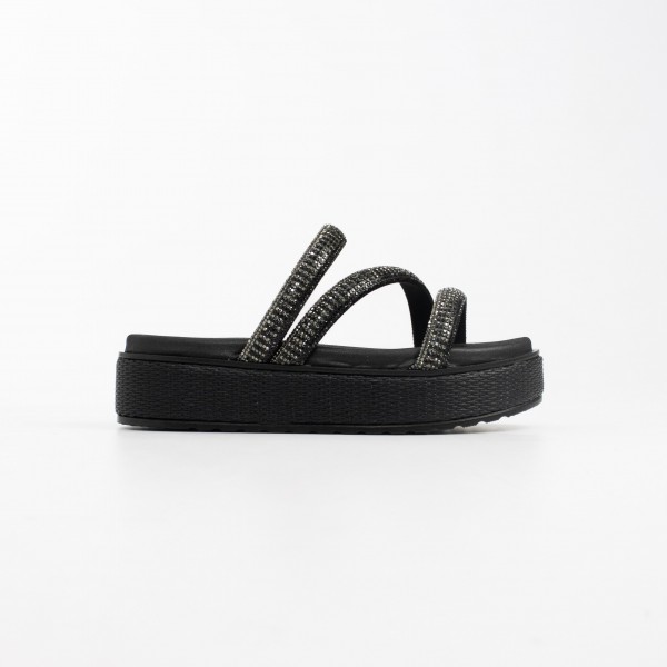 Sandália Papete Flatform Forrada em Palha com Tiras de Cristais Ramarim Feminino