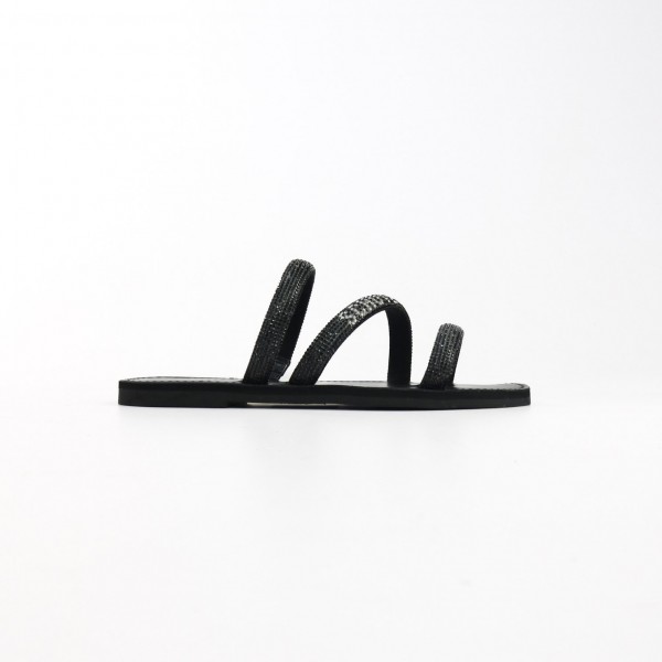 Chinelo Rasteira Flat Três Tiras Finas com Cristais e Logo Schutz Feminino