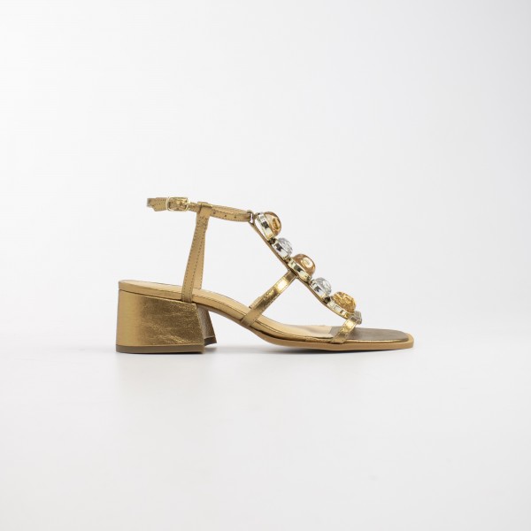 Sandália Casual Minimal Glam em Couro e Pedrarias com Salto Médio Bloco Ferrucci Feminino