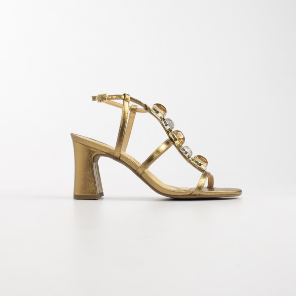 Sandália Casual Minimal Glam em Couro e Pedrarias com Salto Alto Bloco Ferrucci Feminino