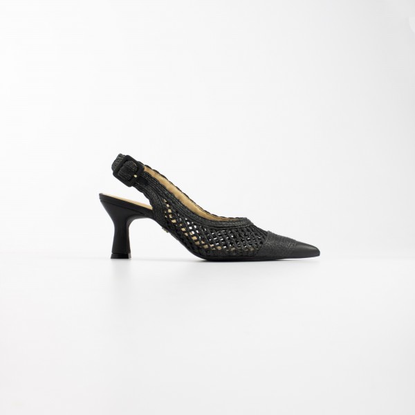 Sapato Slingback Bico Fino Tela Ráfia Bordada e Salto Médio Ferrucci Feminino