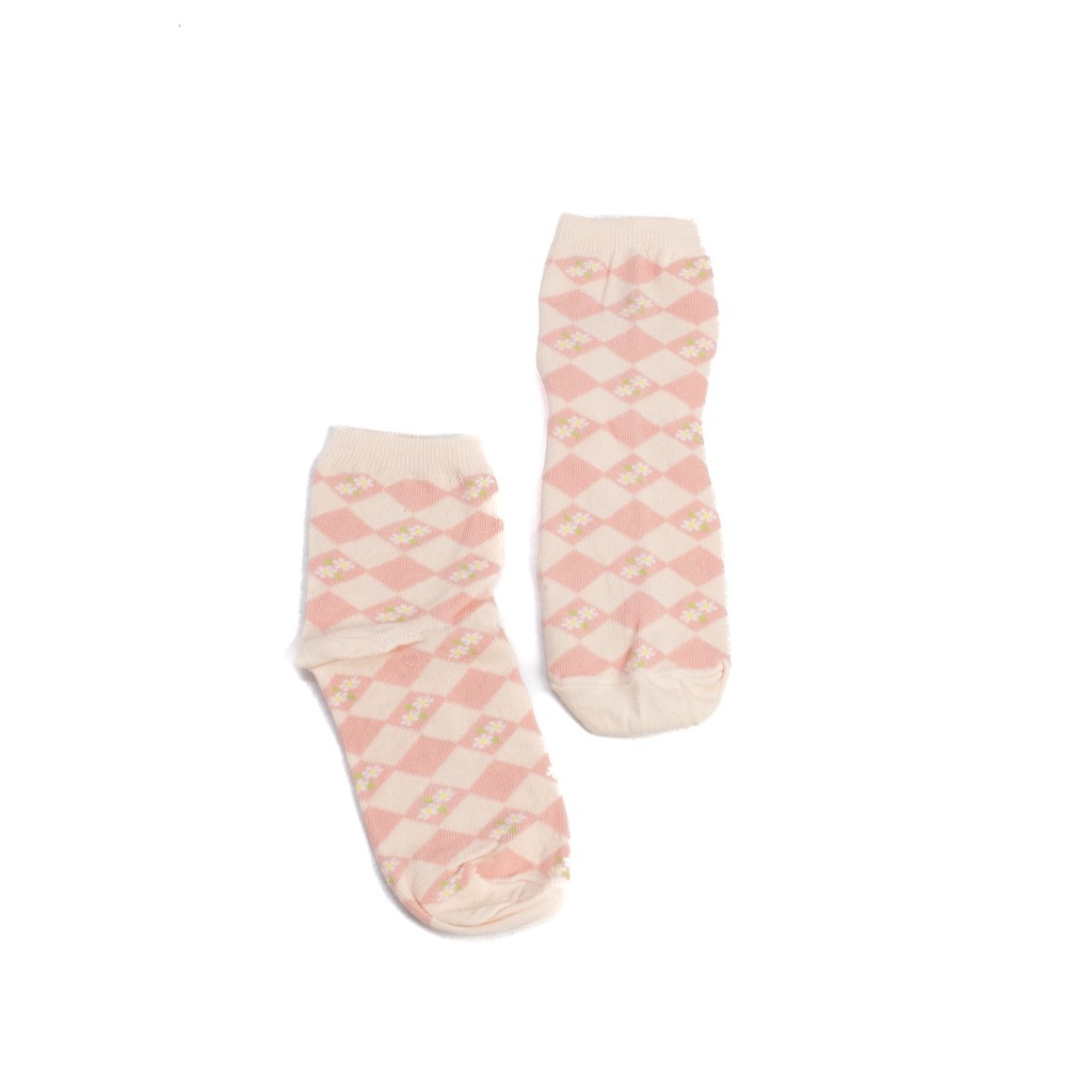 Meia Soquete Xadrez Rosa Chá com Florzinhas Selene Feminino