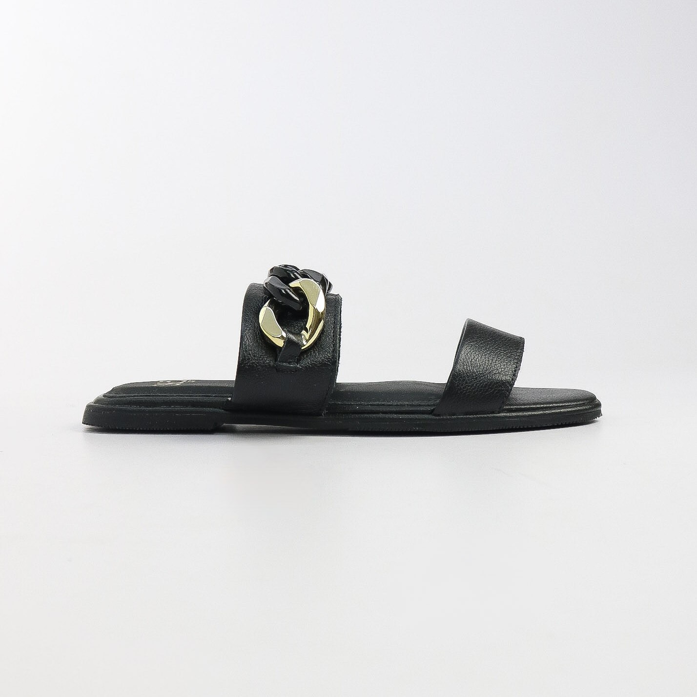 Chinelo Rasteira Flat Tiras Largas em Couro e Corrente 365 Soft Feminino