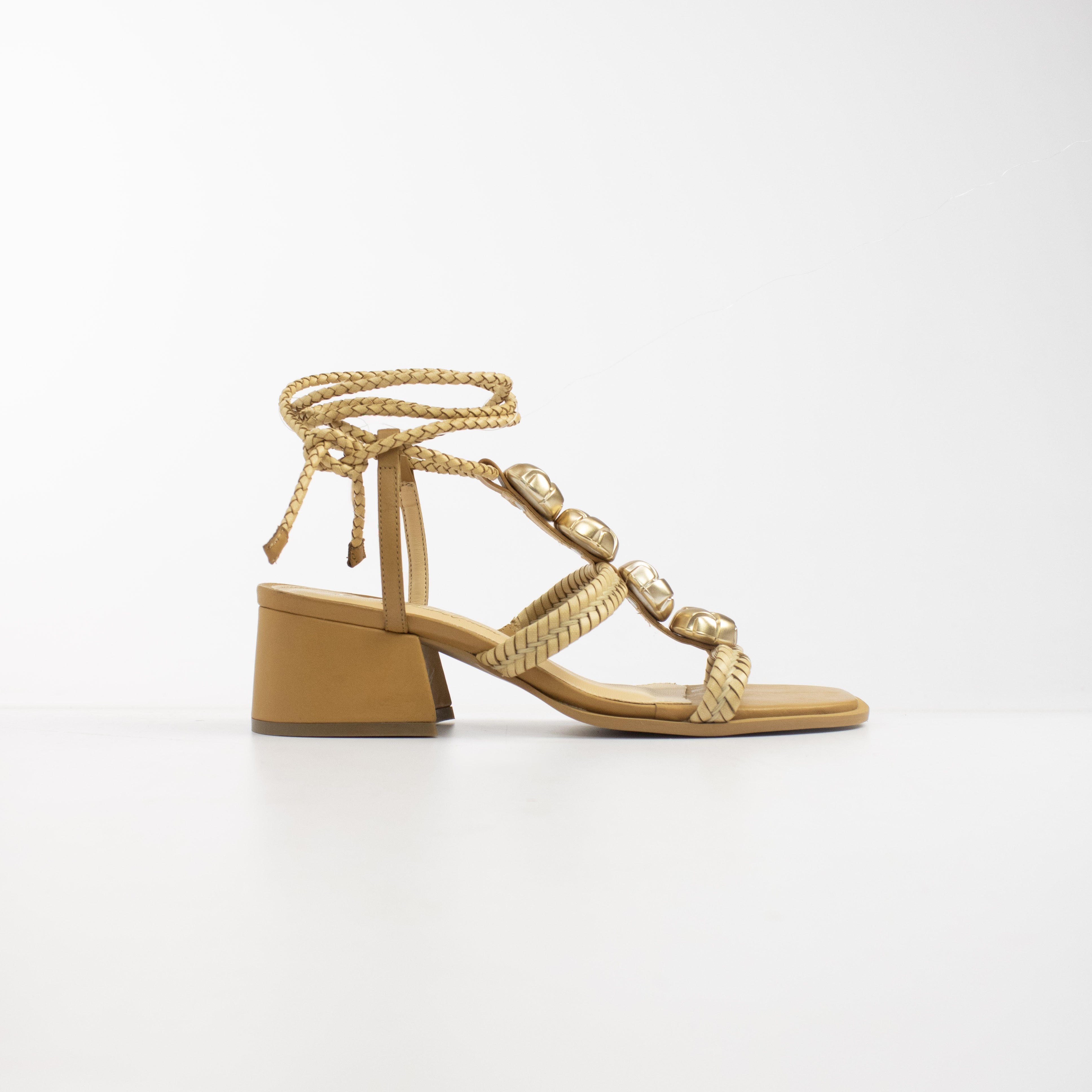 Sandália Casual Boho Lace Up em Couro e Salto Bloco Médio Ferrucci Feminino